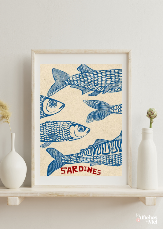 Affiche "Sardines" – Illustration Vintage Style Linogravure | Poster Cuisine ou Déco Murale Bord de Mer
