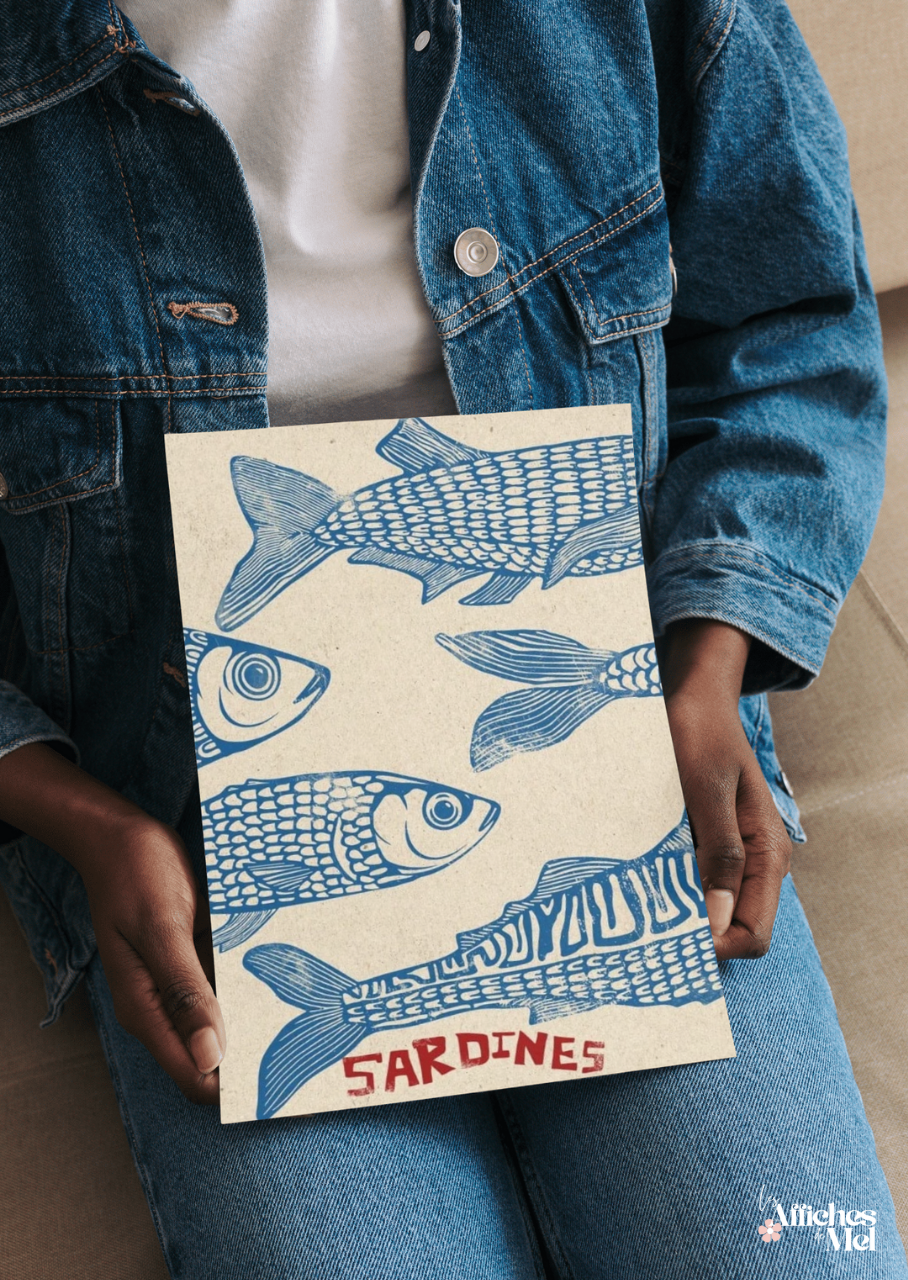 Affiche "Sardines" – Illustration Vintage Style Linogravure | Poster Cuisine ou Déco Murale Bord de Mer