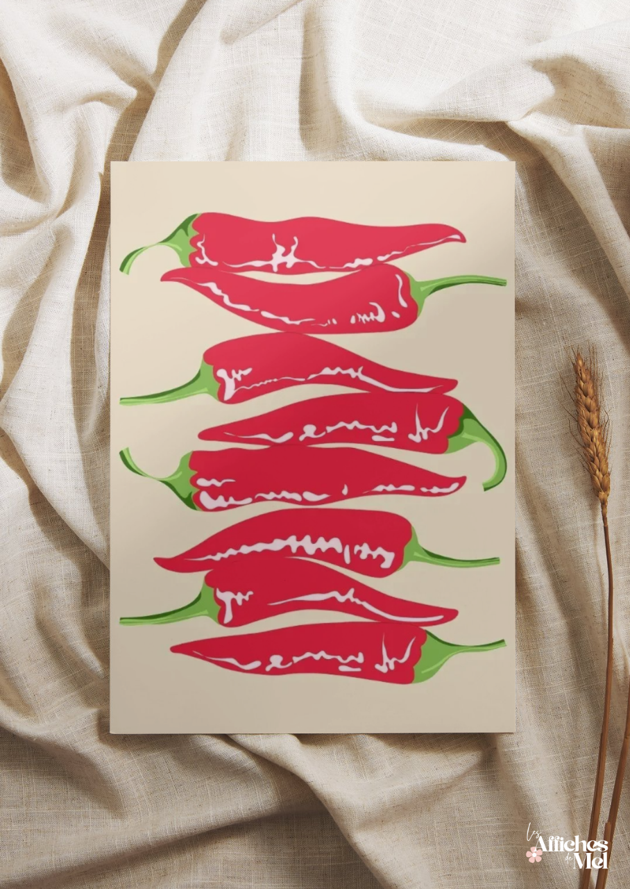 Affiche "Piments Rouges" – Illustration Cuisine Colorée Style Pop Art | Déco Murale Épicée