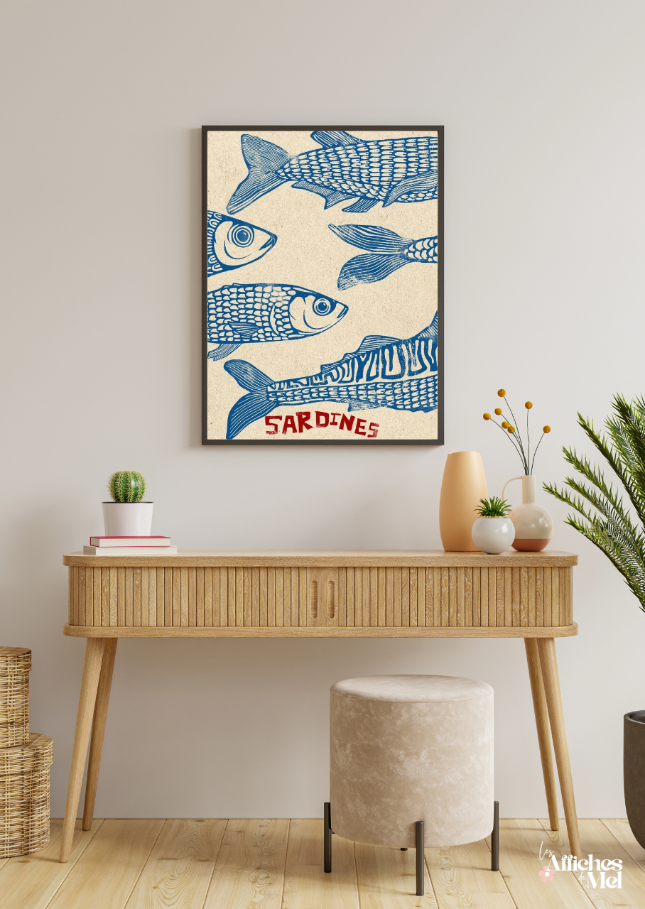 Affiche "Sardines" – Illustration Vintage Style Linogravure | Poster Cuisine ou Déco Murale Bord de Mer