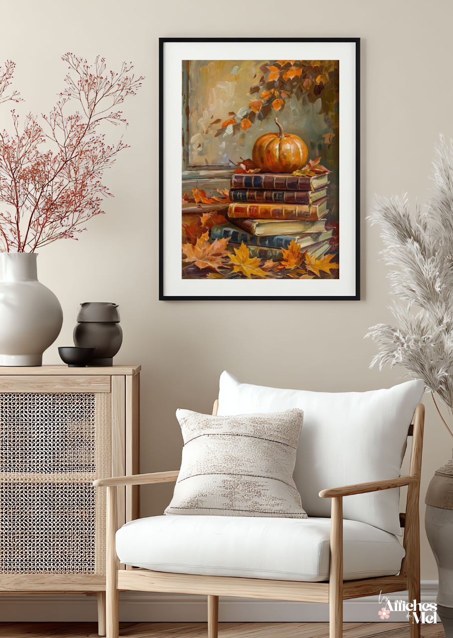 Affiche murale automne – Citrouille et vieux livres