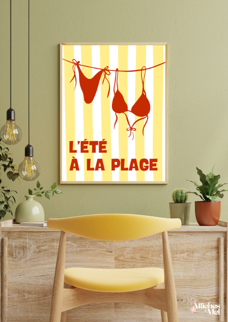 Affiche L’Été à la Plage – Illustration estivale rayures jaunes