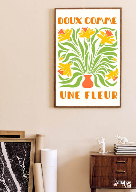 Affiche Doux Comme Une Fleur – Illustration florale verte et orange