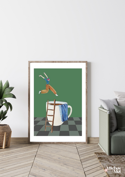 Affiche “Saut de Café” – Illustration minimaliste et déco murale vintage pour les amateurs de café