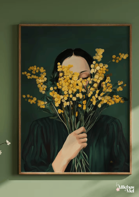 Affiche Moderne Bouquet de Mimosas – Illustration Florale Verte – Poster Femme et Fleurs – Décoration Murale Botanique