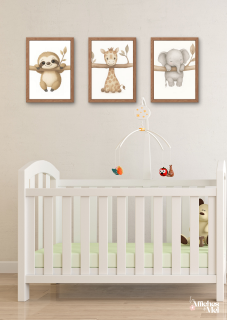 Lot de 3 Affiches Safari Bébé – Girafe, Éléphant & Paresseux