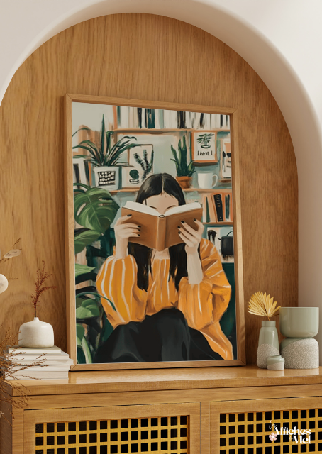 Affiche Lecture Cozy – Illustration Bibliothèque & Ambiance Hygge