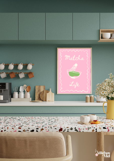 Affiche Matcha Life – Illustration rose douce et gourmande