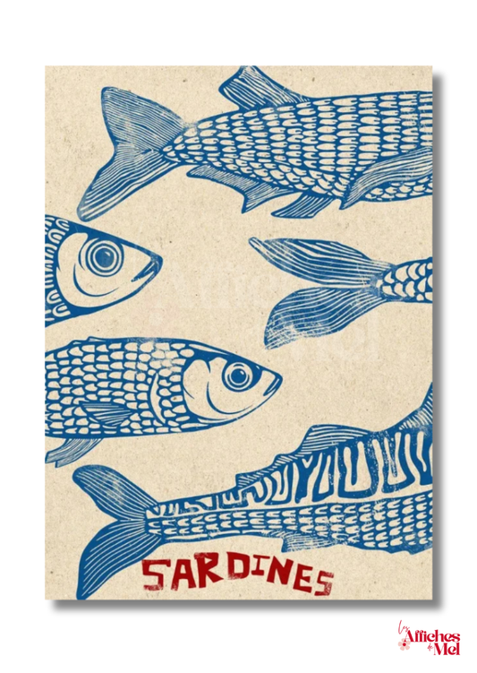 Affiche "Sardines" – Illustration Vintage Style Linogravure | Poster Cuisine ou Déco Murale Bord de Mer