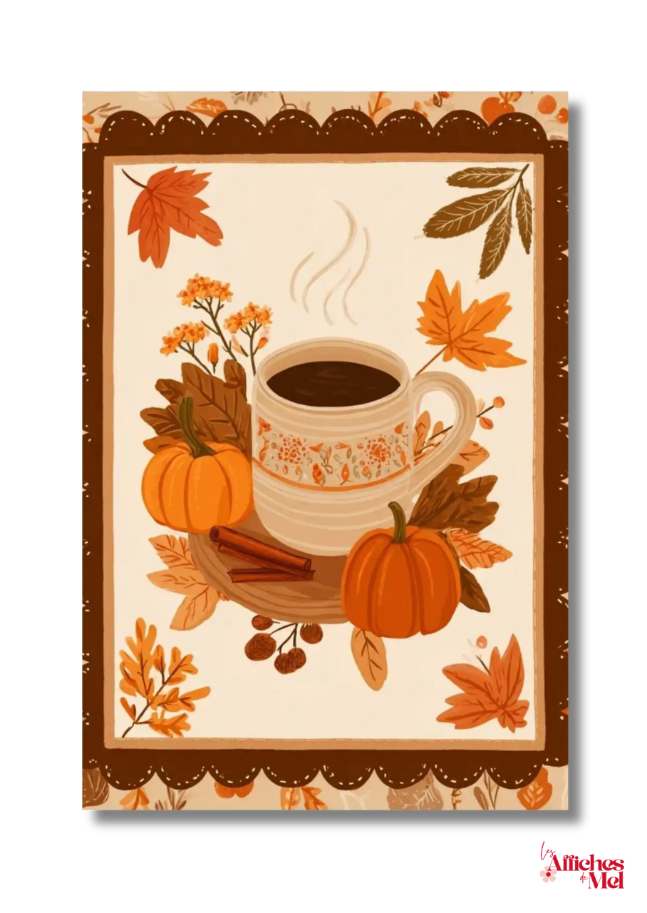 Affiche murale automne – Tasse épicée, cannelle et citrouilles d’automne