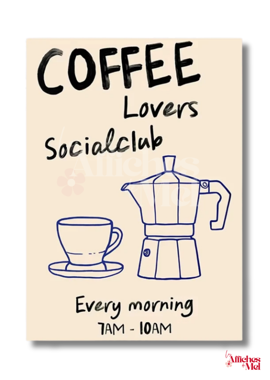Affiche "Coffee Lovers Socialclub” – Illustration minimaliste et déco murale vintage pour les amateurs de café