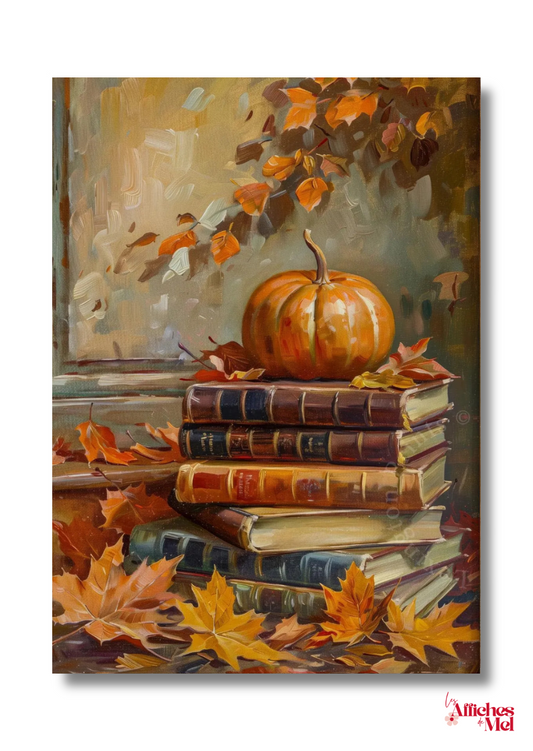 Affiche murale automne – Citrouille et vieux livres