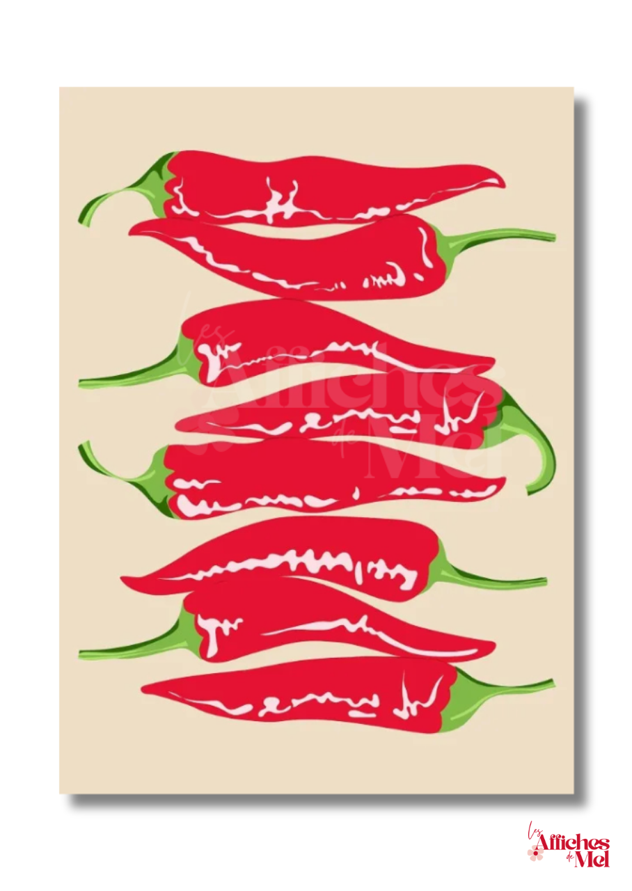 Affiche "Piments Rouges" – Illustration Cuisine Colorée Style Pop Art | Déco Murale Épicée