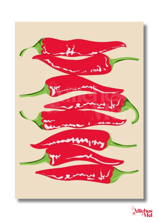 Affiche "Piments Rouges" – Illustration Cuisine Colorée Style Pop Art | Déco Murale Épicée