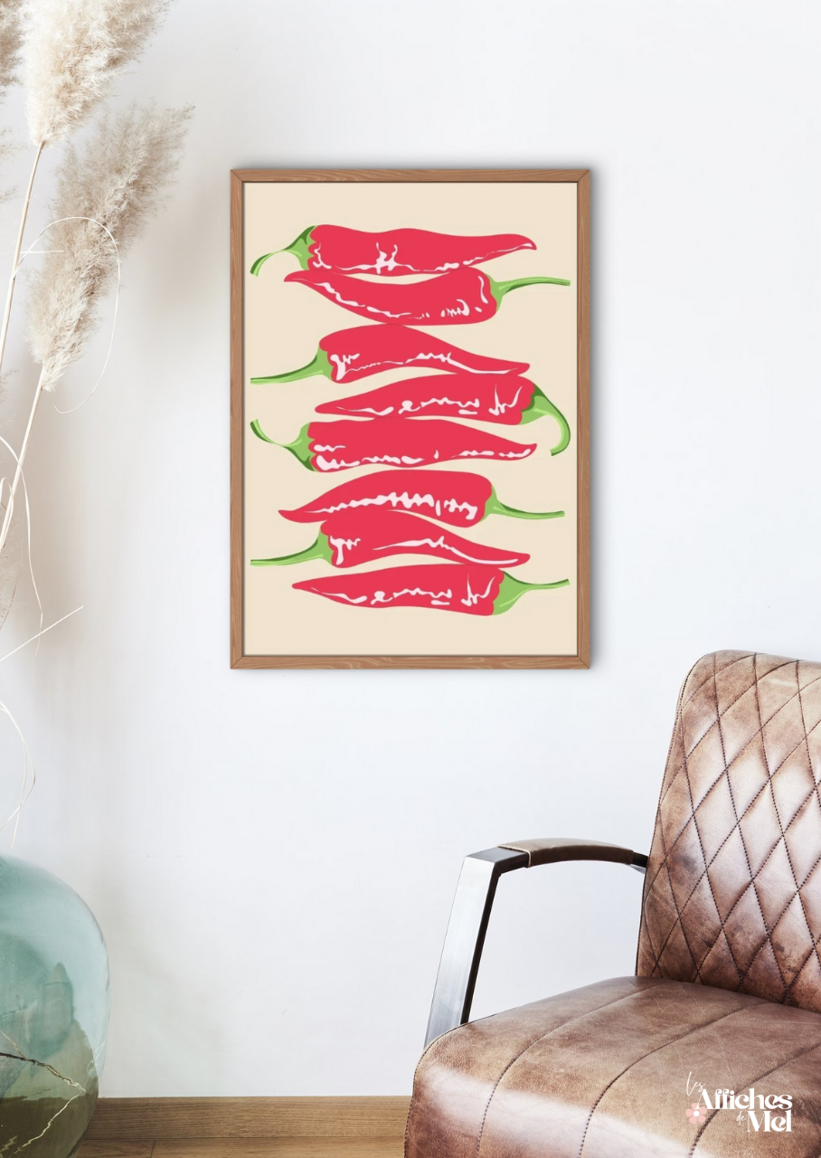 Affiche "Piments Rouges" – Illustration Cuisine Colorée Style Pop Art | Déco Murale Épicée