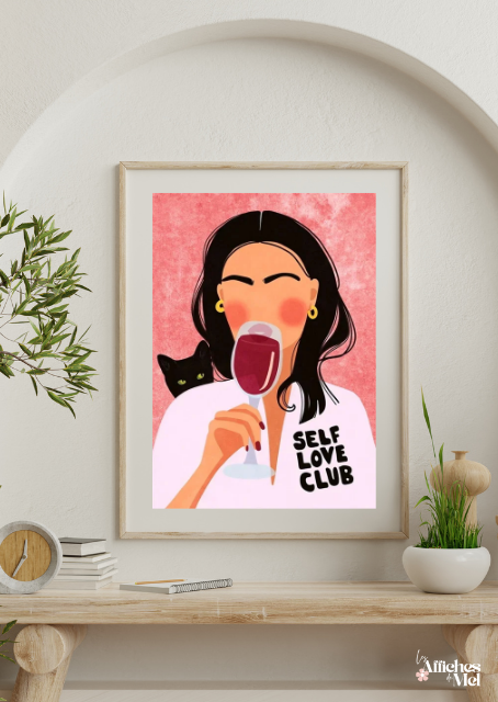 Affiche "Self Love Club" – Illustration Féminine & Moderne avec Chat Noir