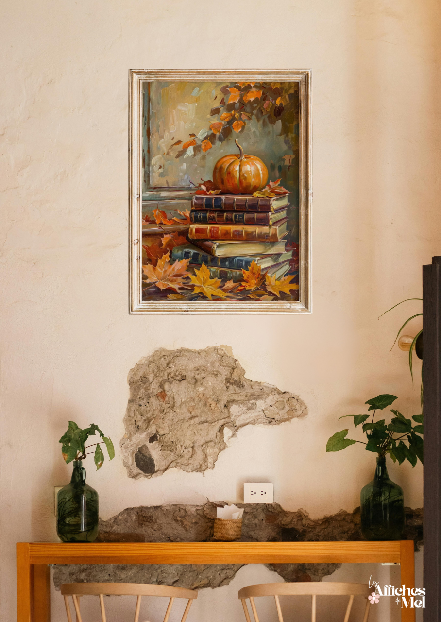 Affiche murale automne – Citrouille et vieux livres