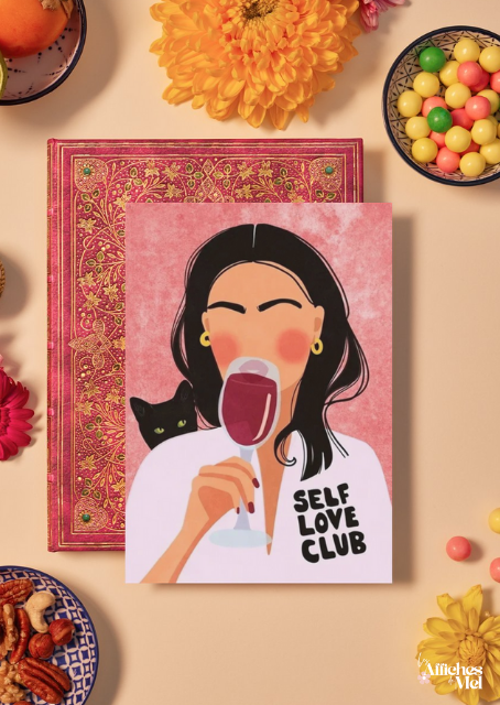 Affiche "Self Love Club" – Illustration Féminine & Moderne avec Chat Noir