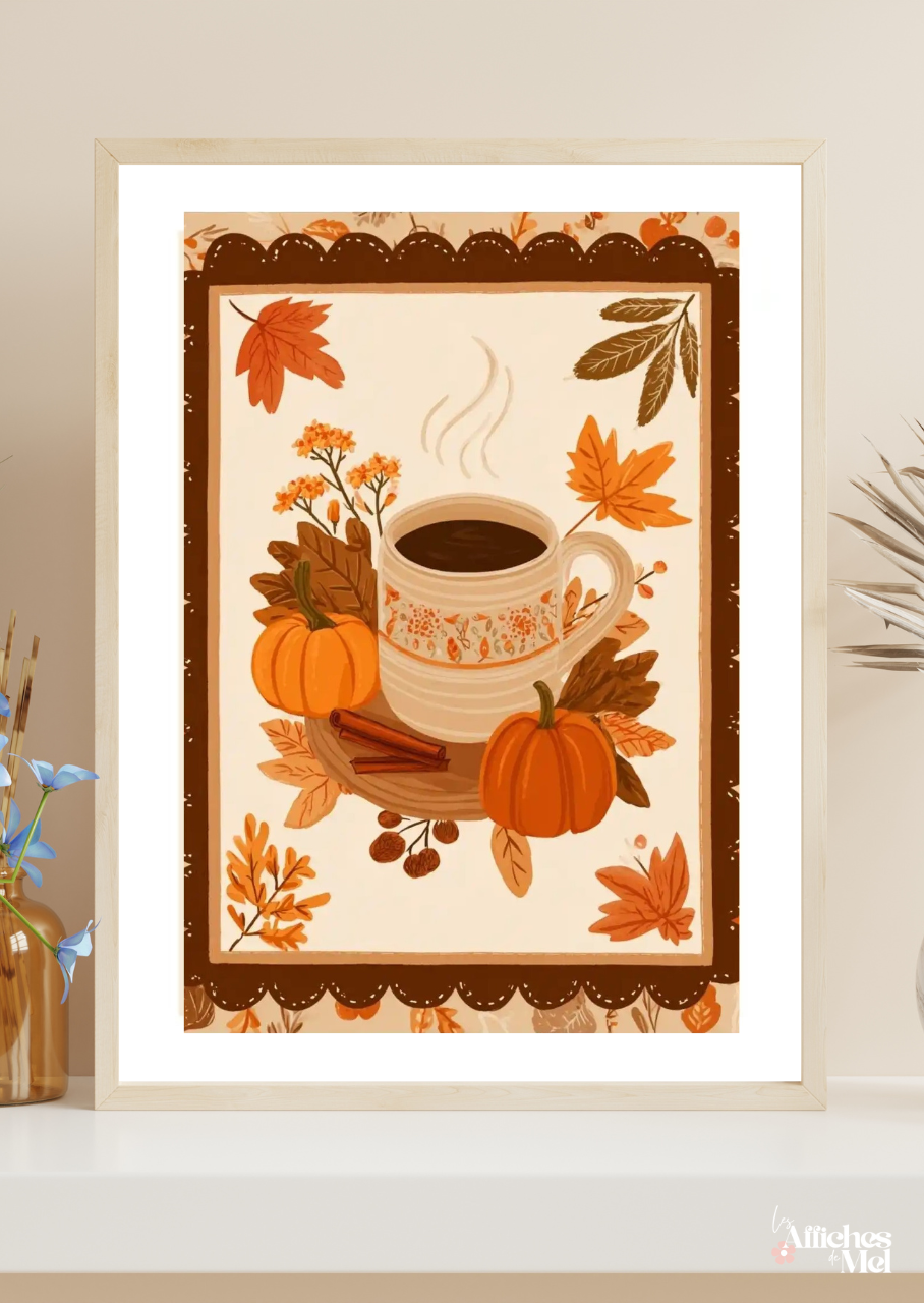 Affiche murale automne – Tasse épicée, cannelle et citrouilles d’automne
