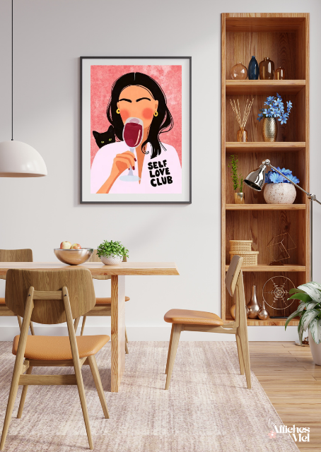 Affiche "Self Love Club" – Illustration Féminine & Moderne avec Chat Noir