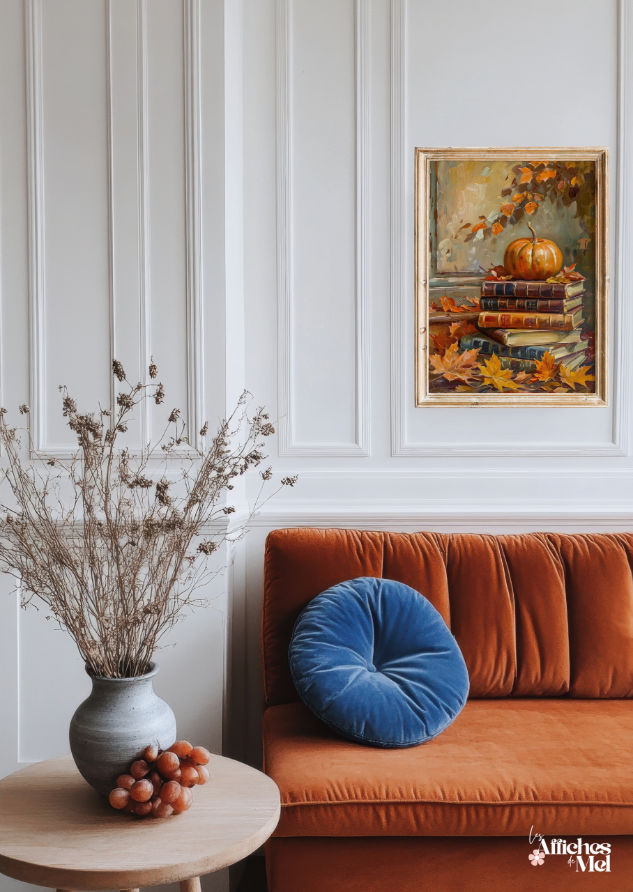 Affiche murale automne – Citrouille et vieux livres