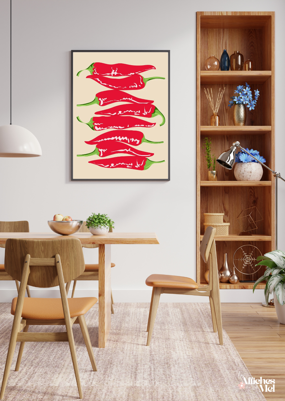 Affiche "Piments Rouges" – Illustration Cuisine Colorée Style Pop Art | Déco Murale Épicée