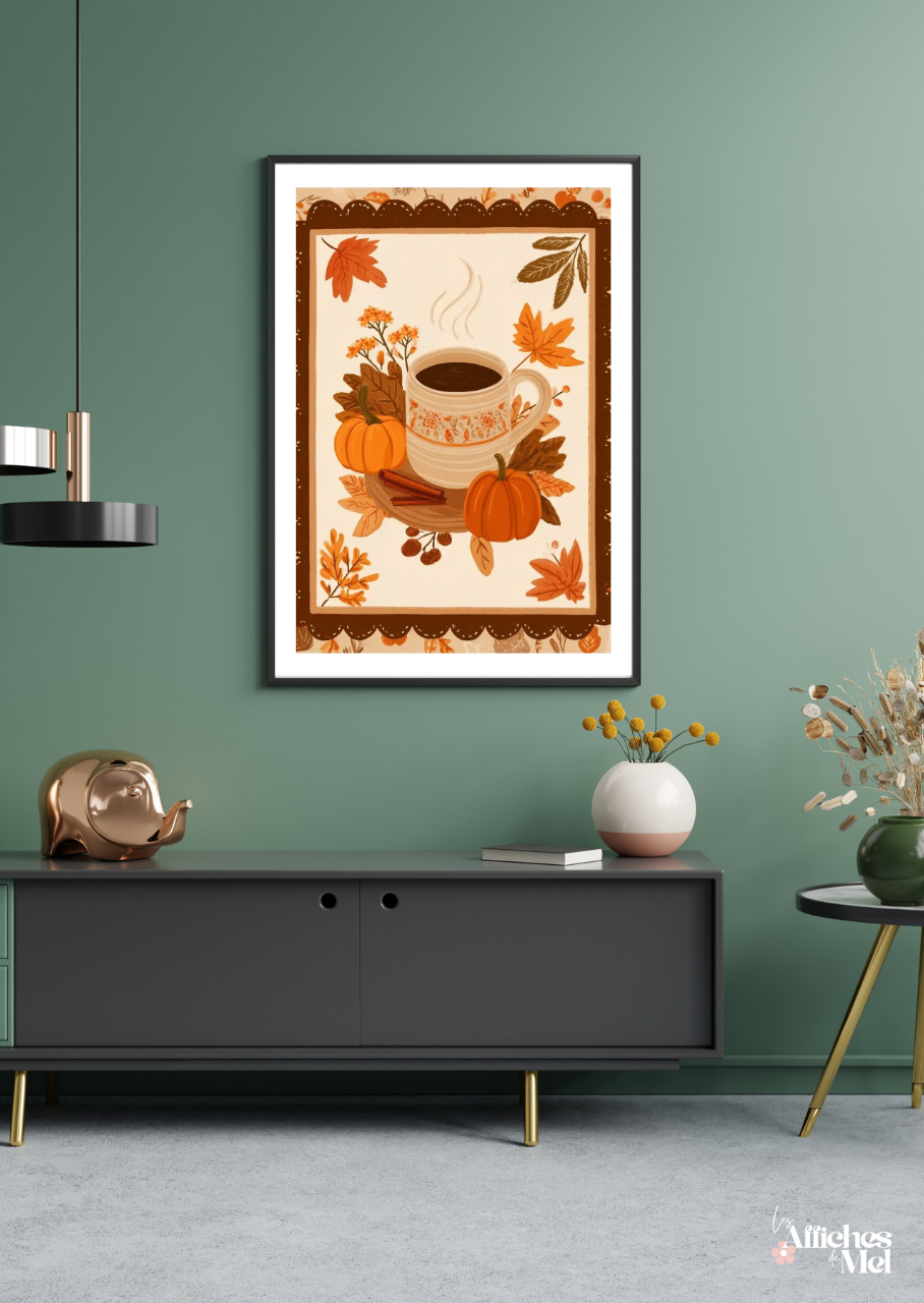 Affiche murale automne – Tasse épicée, cannelle et citrouilles d’automne