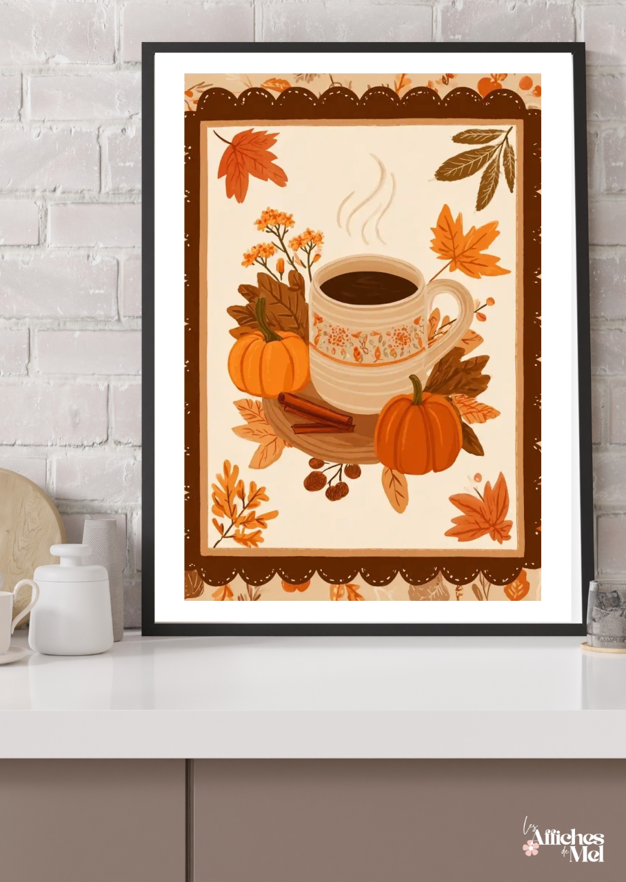 Affiche murale automne – Tasse épicée, cannelle et citrouilles d’automne
