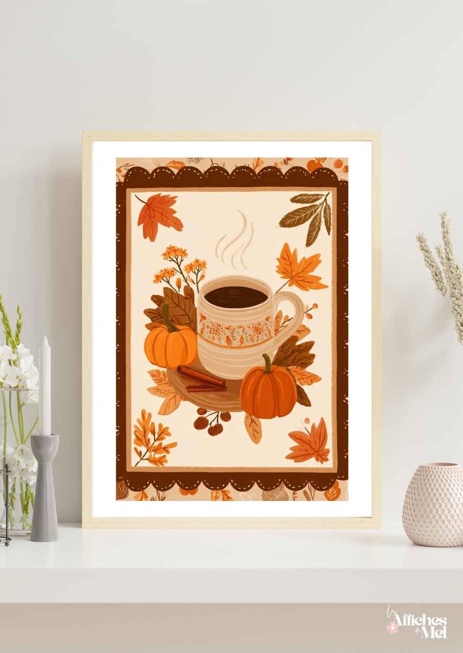 Affiche murale automne – Tasse épicée, cannelle et citrouilles d’automne