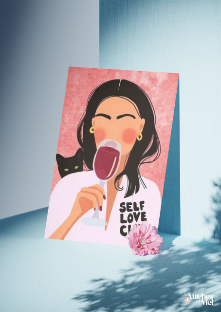 Affiche "Self Love Club" – Illustration Féminine & Moderne avec Chat Noir