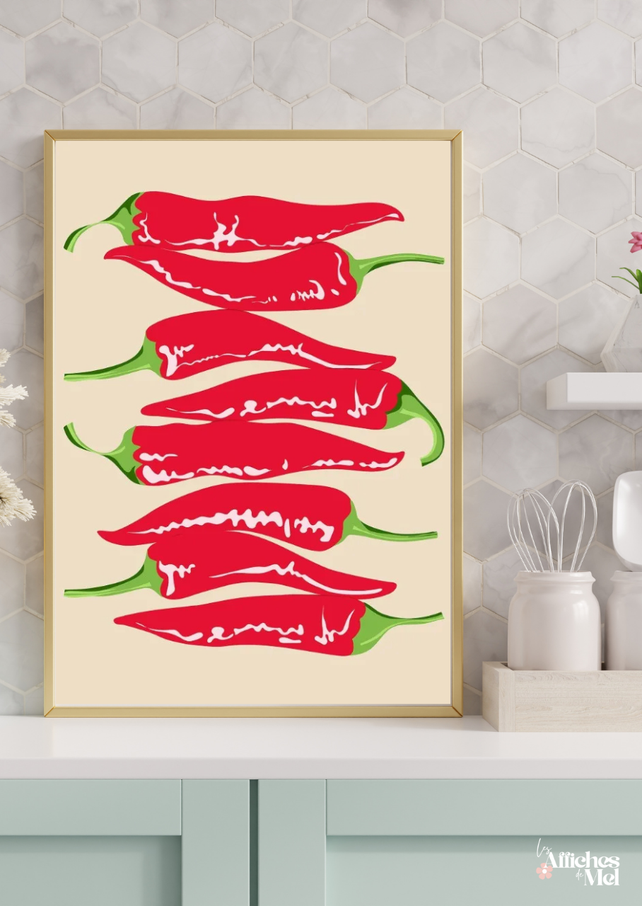 Affiche "Piments Rouges" – Illustration Cuisine Colorée Style Pop Art | Déco Murale Épicée