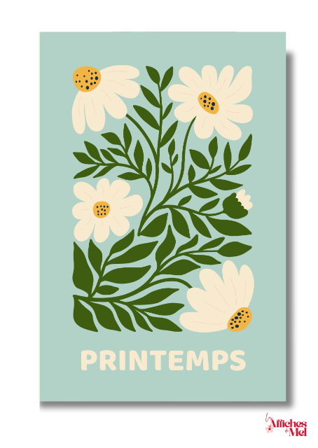 Affiche Printemps – Illustration florale verte et blanche