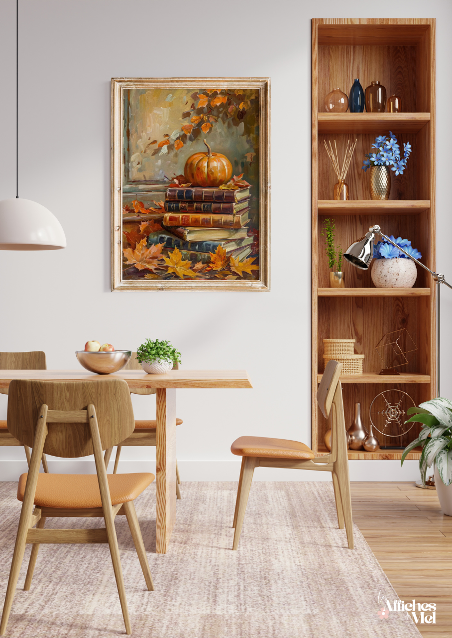 Affiche murale automne – Citrouille et vieux livres