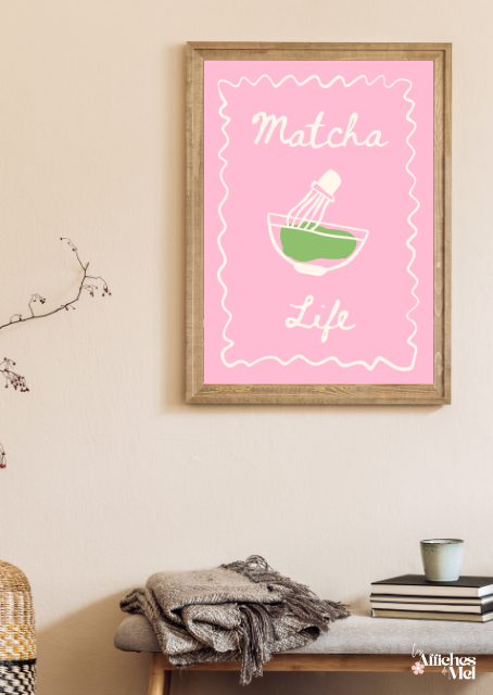 Affiche Matcha Life – Illustration rose douce et gourmande