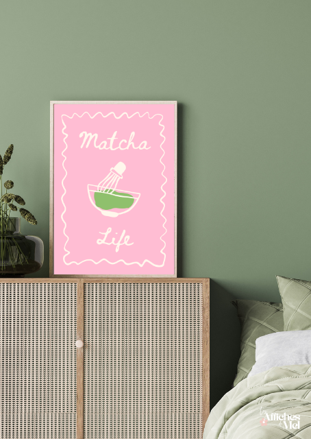Affiche Matcha Life – Illustration rose douce et gourmande