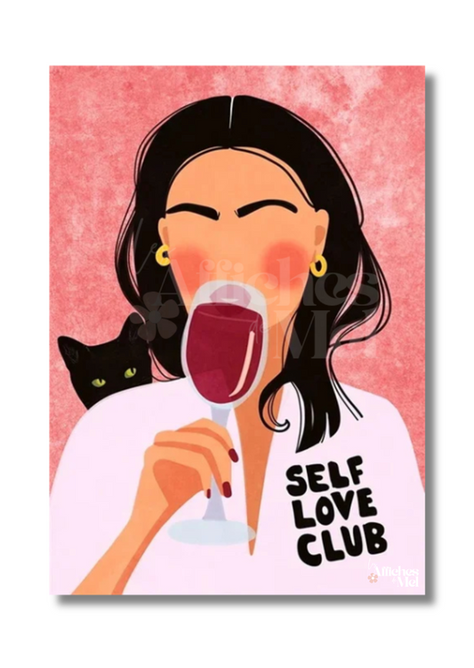 Affiche "Self Love Club" – Illustration Féminine & Moderne avec Chat Noir