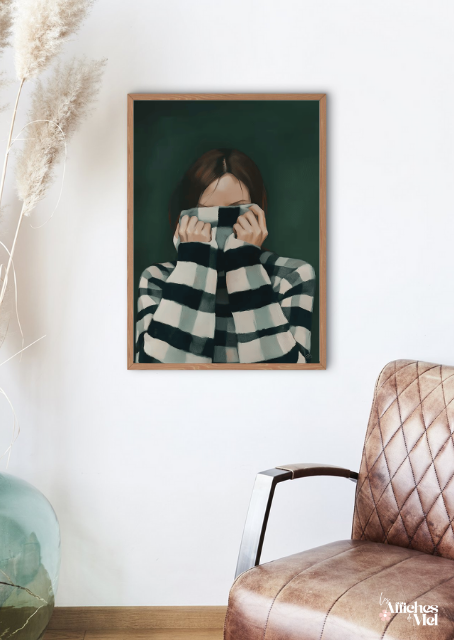 Affiche Cosy Café – Illustration Femme Pull Rayé – Poster Hygge Automne Hiver – Décoration Murale Cocooning