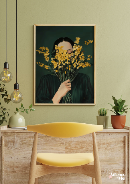 Affiche Moderne Bouquet de Mimosas – Illustration Florale Verte – Poster Femme et Fleurs – Décoration Murale Botanique