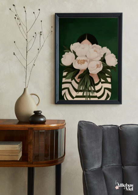 Affiche Pivoines Blanches – Poster Botanique Élégant – Illustration Moderne Fleurie – Décoration Murale Nature