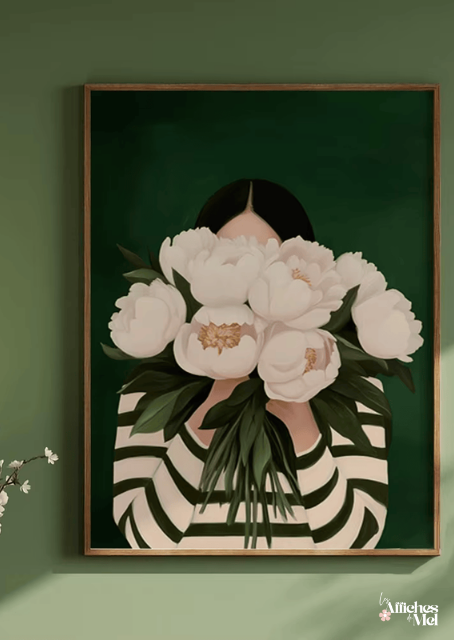 Affiche Pivoines Blanches – Poster Botanique Élégant – Illustration Moderne Fleurie – Décoration Murale Nature