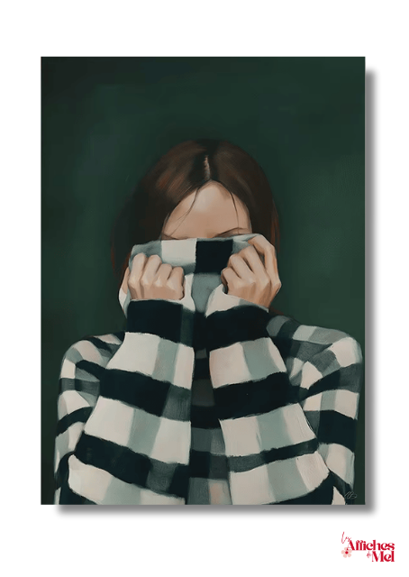 Affiche Cosy Café – Illustration Femme Pull Rayé – Poster Hygge Automne Hiver – Décoration Murale Cocooning