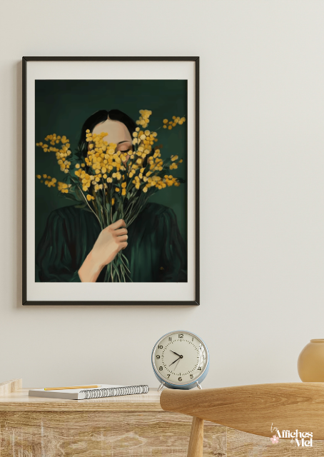 Affiche Moderne Bouquet de Mimosas – Illustration Florale Verte – Poster Femme et Fleurs – Décoration Murale Botanique