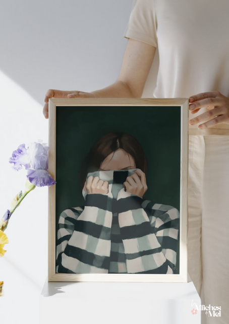 Affiche Cosy Café – Illustration Femme Pull Rayé – Poster Hygge Automne Hiver – Décoration Murale Cocooning