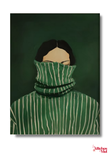Affiche Hygge Femme en Pull Vert – Illustration Cosy Minimaliste – Poster Moderne Décoration Murale Confort