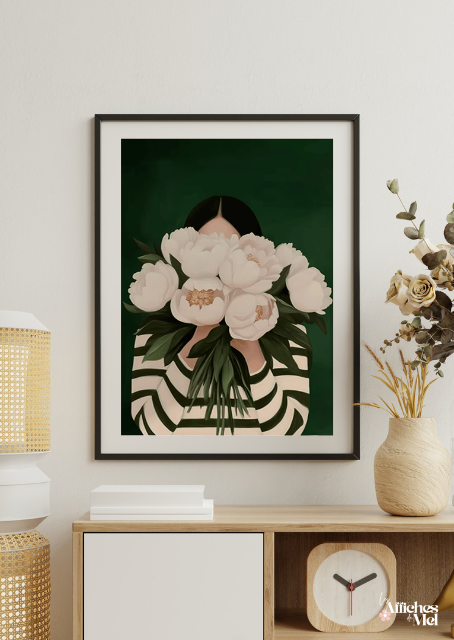 Affiche Pivoines Blanches – Poster Botanique Élégant – Illustration Moderne Fleurie – Décoration Murale Nature