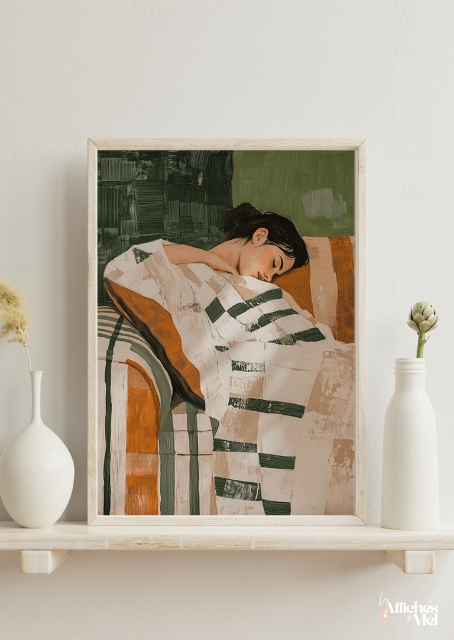Affiche Repos Cosy – Illustration Douce & Intimiste sur Fond Vert