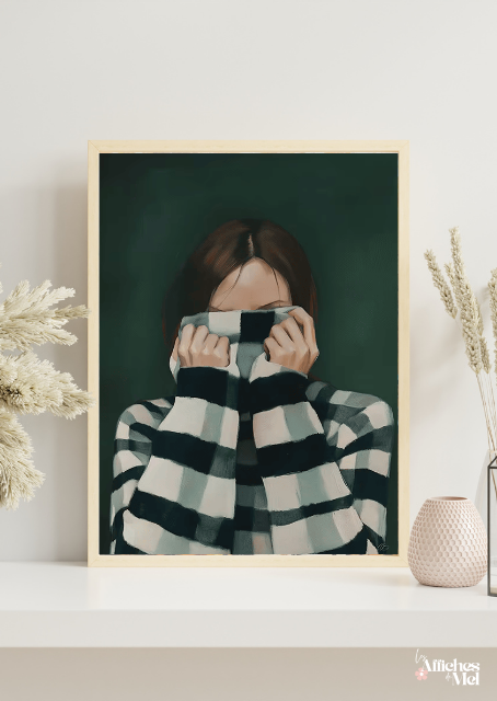 Affiche Cosy Café – Illustration Femme Pull Rayé – Poster Hygge Automne Hiver – Décoration Murale Cocooning