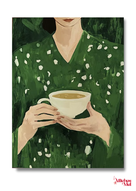 Poster Femme et Tasse – Illustration Verte Moderne – Affiche Cosy Thé Café – Décoration Murale Douce et Apaisante