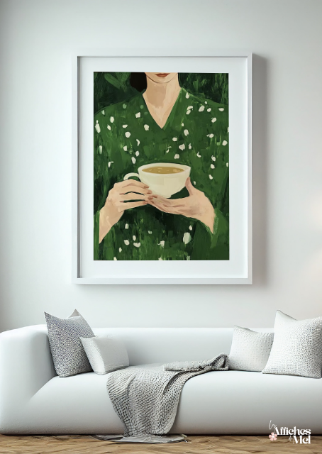 Poster Femme et Tasse – Illustration Verte Moderne – Affiche Cosy Thé Café – Décoration Murale Douce et Apaisante