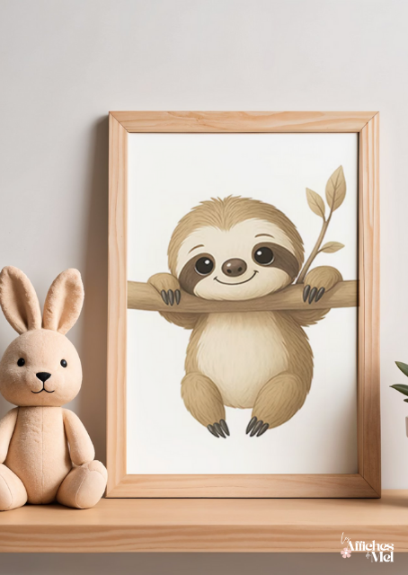 Affiche Bébé Paresseux – Illustration Animalière Adorable et Déco Jungle